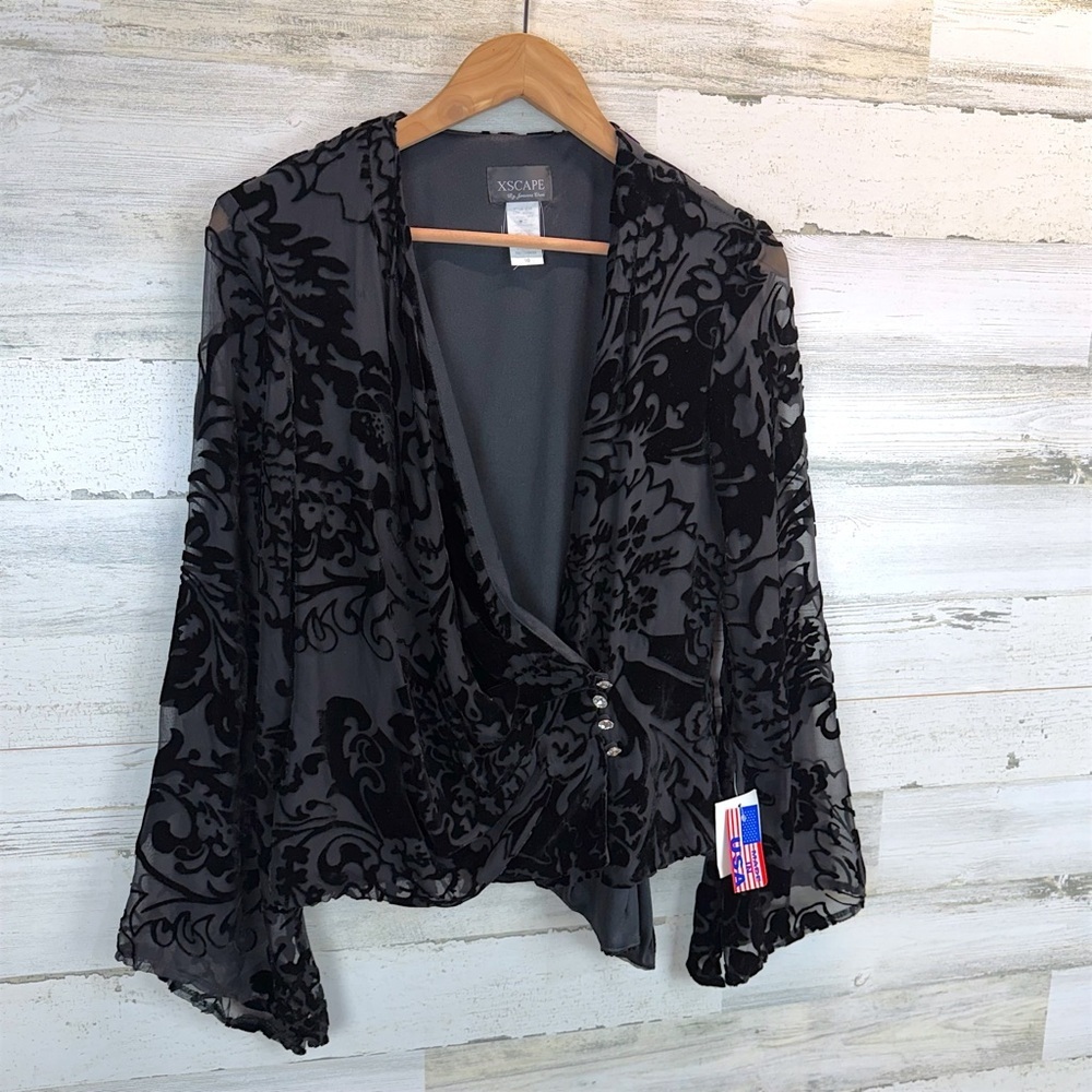 Xscape Whimsigoth Sheer Black Burnout Velvet Bell Sleeve Wrap Top 10 Gothic - Picture 5 of 15